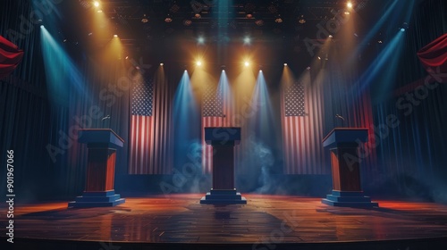 Empty podiums awaiting candidates on stage at a presidential debate