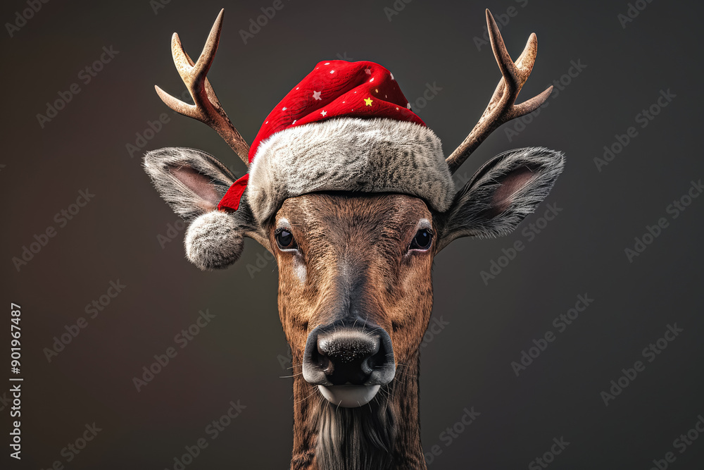A deer with a red hat on its head A deer with a red hat on its head