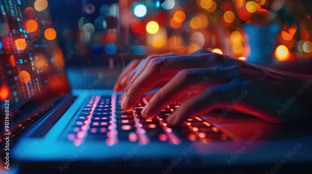 Obraz premium Software developer working late on laptop with city lights background