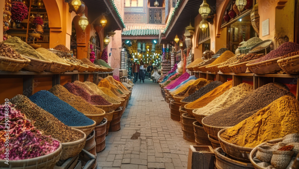 A bustling market in Morocco with a variety of spices and other goods for sale.
A bustling market in Morocco with a variety of spices and other goods for sale.
