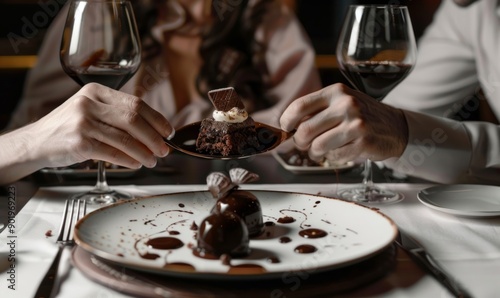 A couple sharing a gourmet chocolate dessert at a fancy restaurant on World Chocolate Day. © Olha