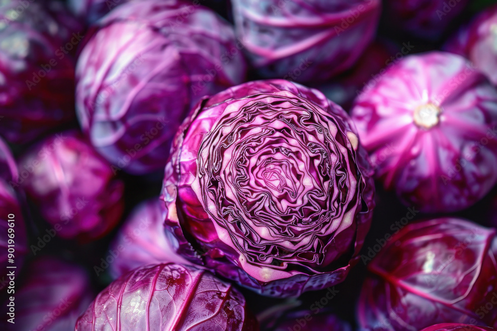 Obraz premium Fresh red cabbage heads are piled together, showing a vibrant purple color and interesting texture 