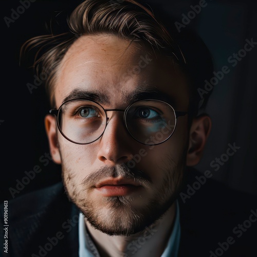 Young Man With Glasses Deep in Thought in a Dimly Lit Room During Evening Hours