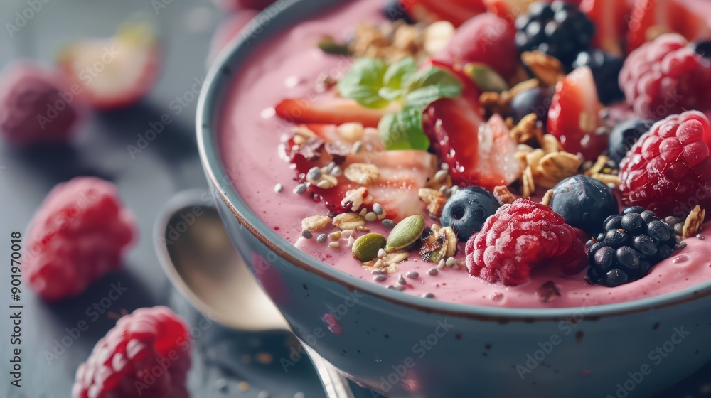 Smoothie bowl topped with fresh berries Smoothie bowl topped with fresh berries