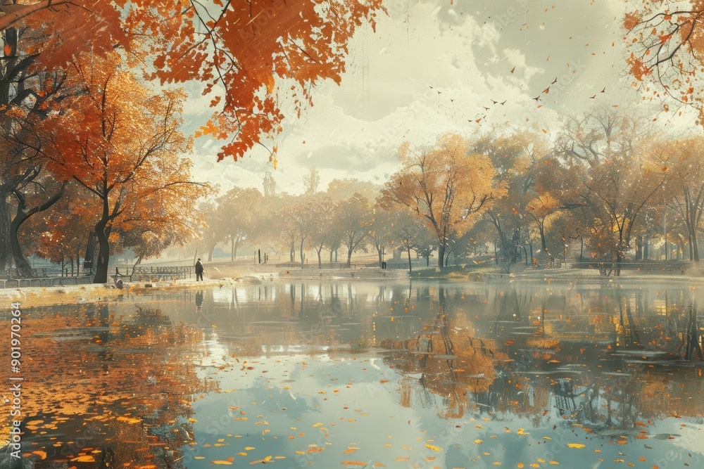 Man contemplating autumn colors reflected on a lake in a park Man contemplating autumn colors reflected on a lake in a park