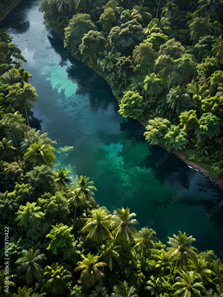 A view from the top of a winding river in a rainforest, lush greenery. A view from the top of a winding river in a rainforest, lush greenery.