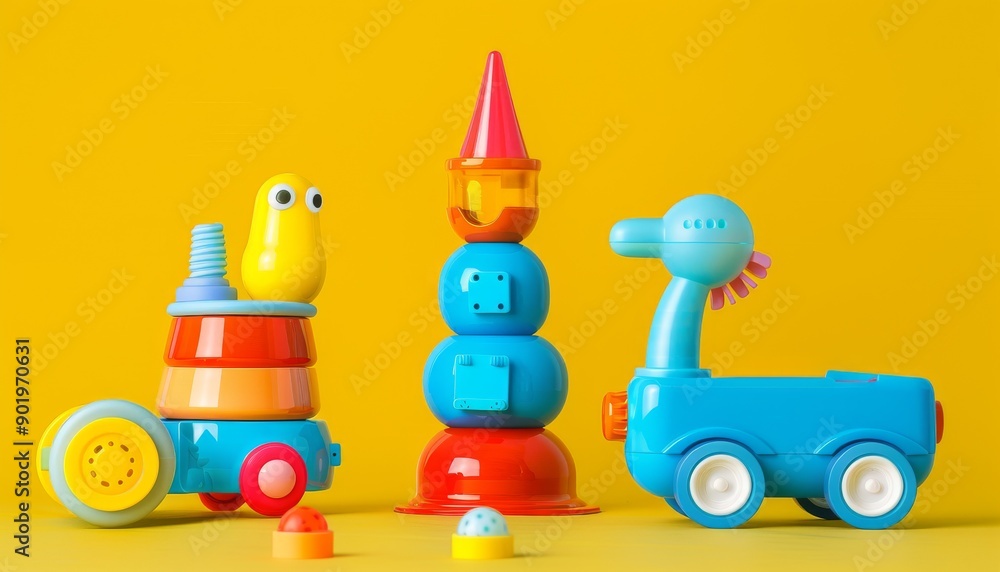 A collection classic toddler toys three vibrant colors, meticulously isolated on a transparent PNG A collection classic toddler toys three vibrant colors, meticulously isolated on a transparent PNG