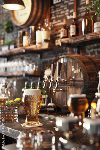 Draft beer with a frothy head in a cozy pub with wooden barrels and shelves of bottles in the background