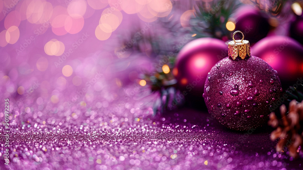 Violet holiday background with Christmas toys balls and shine glitter. New year design Violet holiday background with Christmas toys balls and shine glitter. New year design