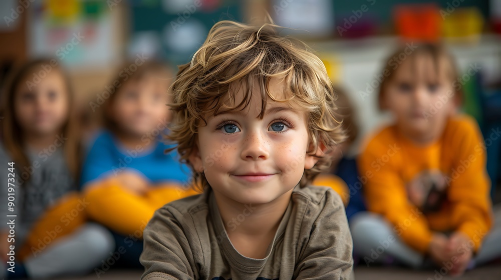 Kindergartener practicing storytelling creating and narrating stories and sharing them with classmates Kindergartener practicing storytelling creating and narrating stories and sharing them with classmates