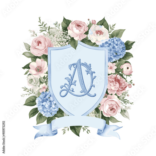 Watercolor Crest Monogram Wedding Invitation. AD initial watercolor floral crest.