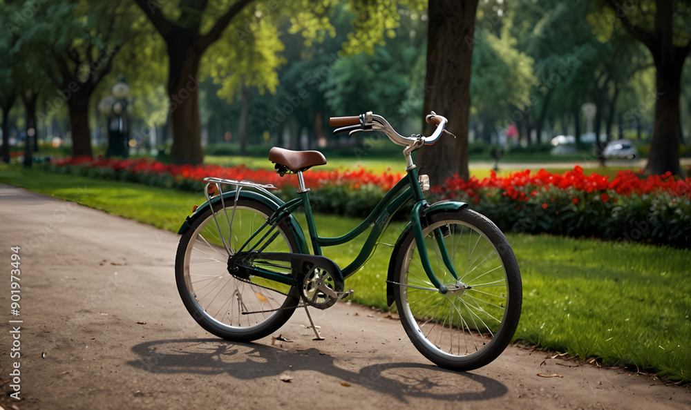 Fototapeta premium A metal-framed bicycle in a sunny park with trees.