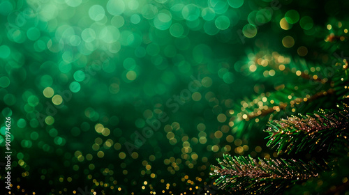 Green holiday background with Christmas tree and shine glitter. New year design
