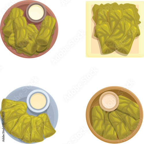 Illustration set of cabbage rolls filled with meat or rice, served with a side of sauce