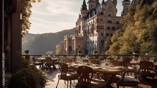 Nueschwanstein Castle - outdoor dining, castle, scenic view, terrace, autumn, chairs, tables, forest, medieval, architecture, nature, seating photo