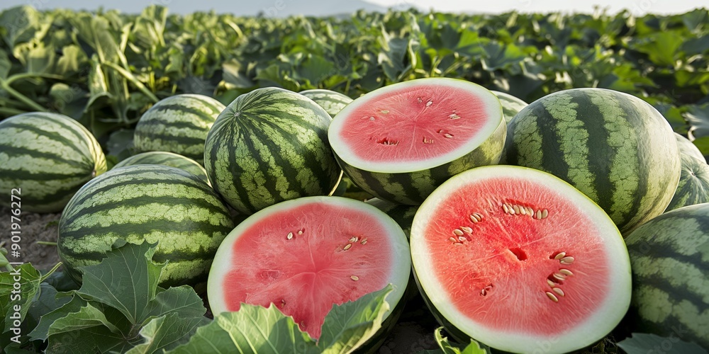 A bunch of watermelons are on the ground, with one of them cut in half. The scene is bright and colorful, with the watermelons being the main focus A bunch of watermelons are on the ground, with one of them cut in half. The scene is bright and colorful, with the watermelons being the main focus