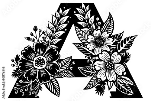 Floral alphabet letter A with hand drawn flowers and leaves for wedding invitation greeting card  photo