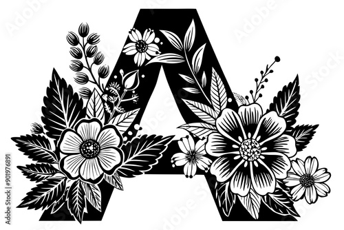 Floral alphabet letter A with hand drawn flowers and leaves for wedding invitation greeting card  photo