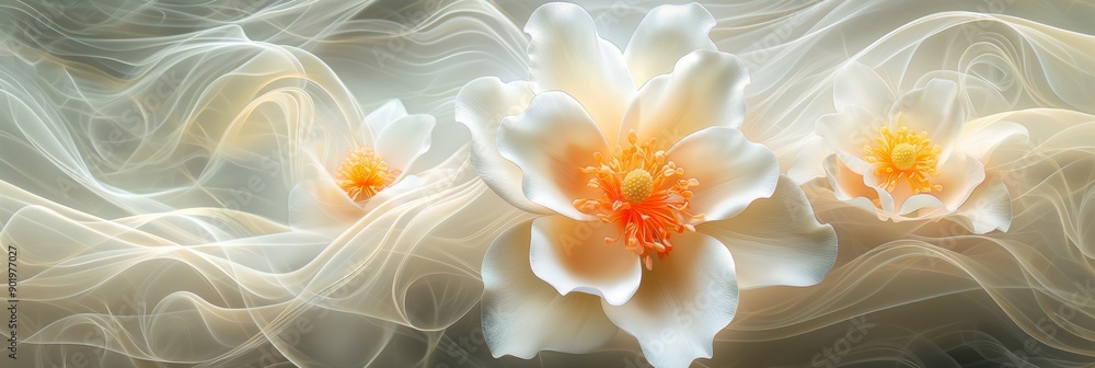 A soft, ethereal background featuring delicate white flowers with orange centers, surrounded by flowing, wispy textures A soft, ethereal background featuring delicate white flowers with orange centers, surrounded by flowing, wispy textures