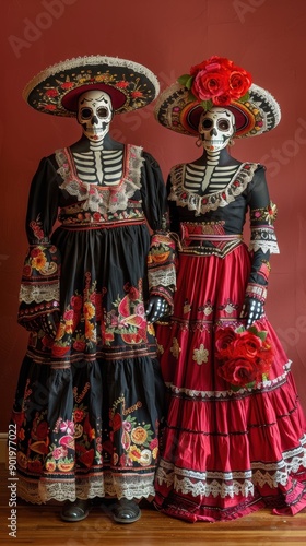 Couple wearing traditional clothes and calavera makeup posing for day of the dead