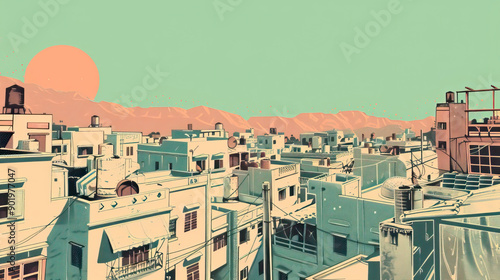 Risograph colorful riso print travel poster, card, wallpaper or banner illustration, modern, isolated, clear, simple of Hama, Syria. Artistic, screen printing, stencil photo