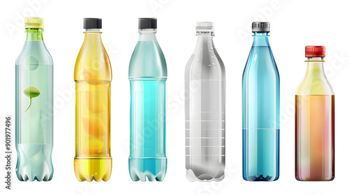 A set of different water bottles with plastic, glass and metal bottles isolated on a transparent background