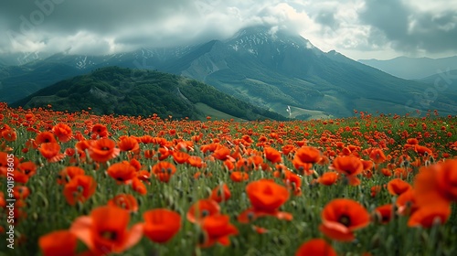 Meadow with Red Poppies Papaver rhoeas in Italy photo