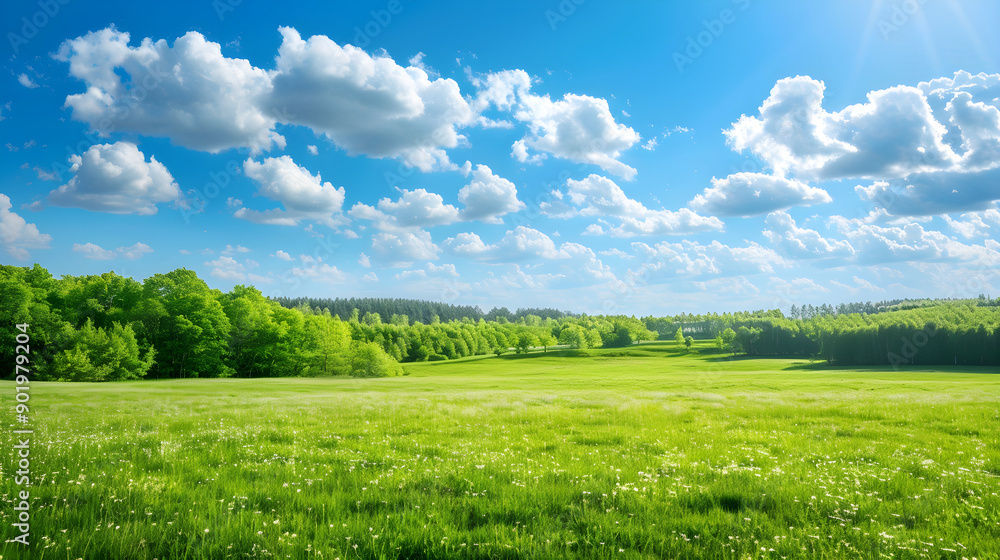 Obraz premium Serene Landscape with Lush Green Meadow and Distant Forest Under Clear Blue Sky