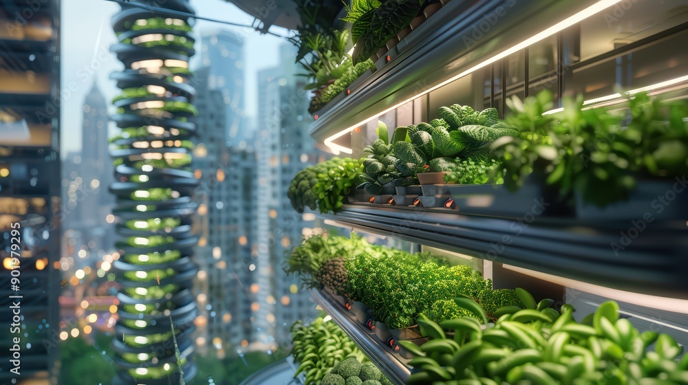 High-tech urban farm integrated into a city building High-tech urban farm integrated into a city building
