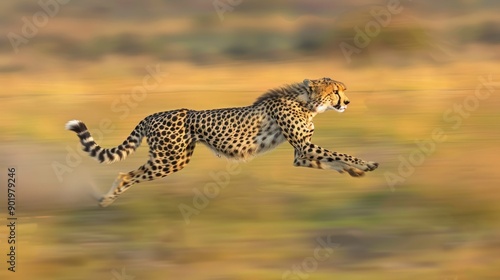 A cheetah is running through a field