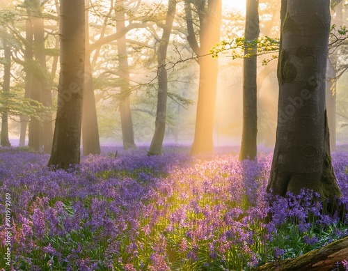 A carpet of bluebells in the misty woods UK