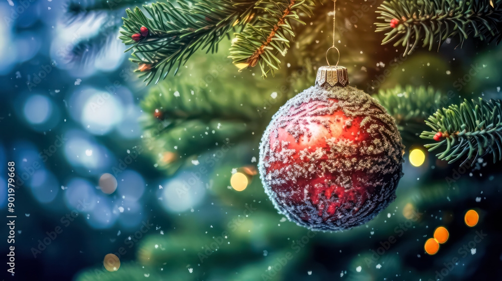 Obraz premium A Christmas tree with a gold ornament hanging from it.
