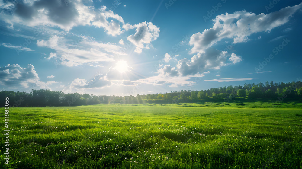 Serene Landscape with Lush Green Meadow and Distant Forest Under Clear Blue Sky Serene Landscape with Lush Green Meadow and Distant Forest Under Clear Blue Sky