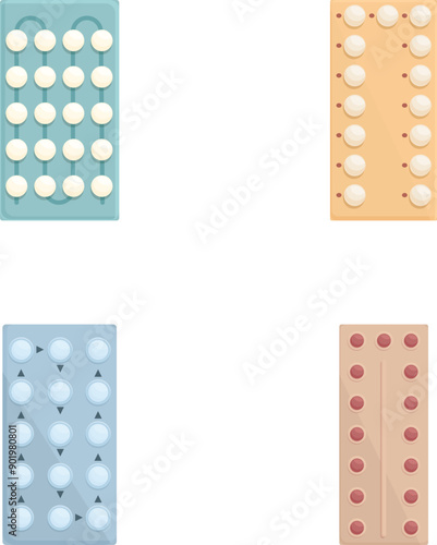 Set of four colorful pill blister packs with various tablets and capsules