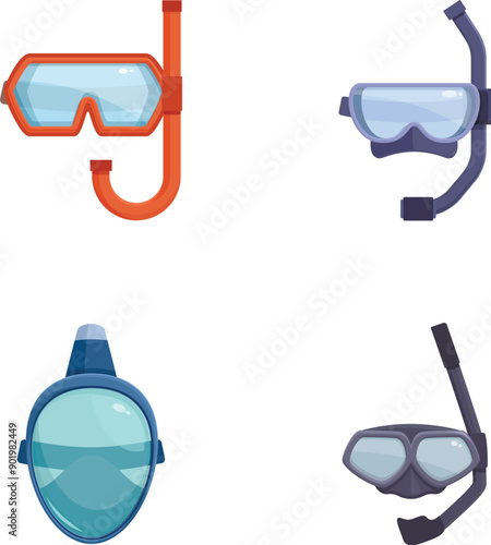 Assortment of colorful snorkeling gear with masks and snorkels, ideal for underwater activities