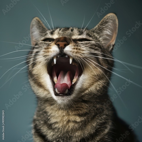 Happy Domestic Cat Yawning Openly in Soft Light Against a Blue Background