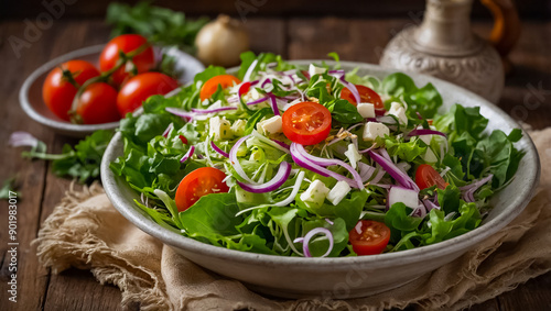 Shopska vegetable salad, traditional Bulgarian food