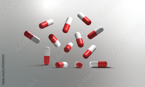 Red capsules falling down, medicine, pack of pill painkillers, medicine