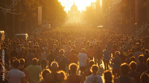 Determined Marathon Runners Crossing Finish Line in Berlin City with Long Lens, Golden Tones