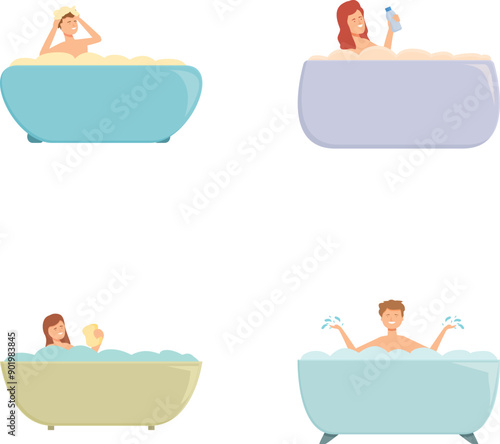 Illustration of four individuals in bathtubs with bubbles, relaxing and performing different activities
