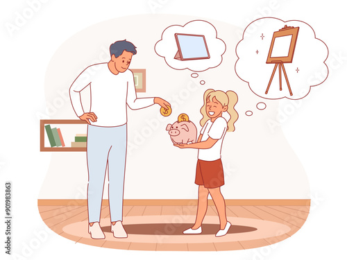 Girl saves money. Dad helps daughter collect coins, parent puts cent in piggy bank, kids pocket expenses, financial literacy, cartoon flat isolated vector commercial education concept