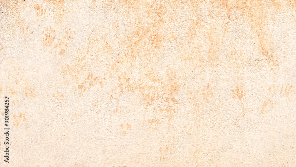 Dirty old cream paint concrete wall with cat footprint or paw print red soil stains. Grunge and rough surface. Dirty old cream paint concrete wall with cat footprint or paw print red soil stains. Grunge and rough surface.