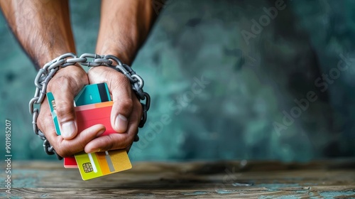 Hands bound by chains of credit cards, representing debt bondage