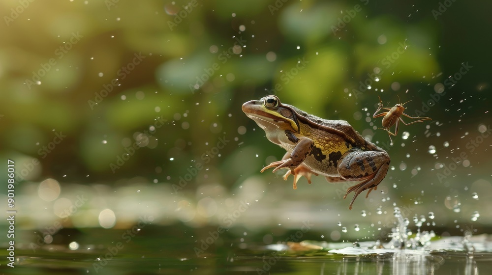 Macro shot of a frog jumping to catch an insect Macro shot of a frog jumping to catch an insect