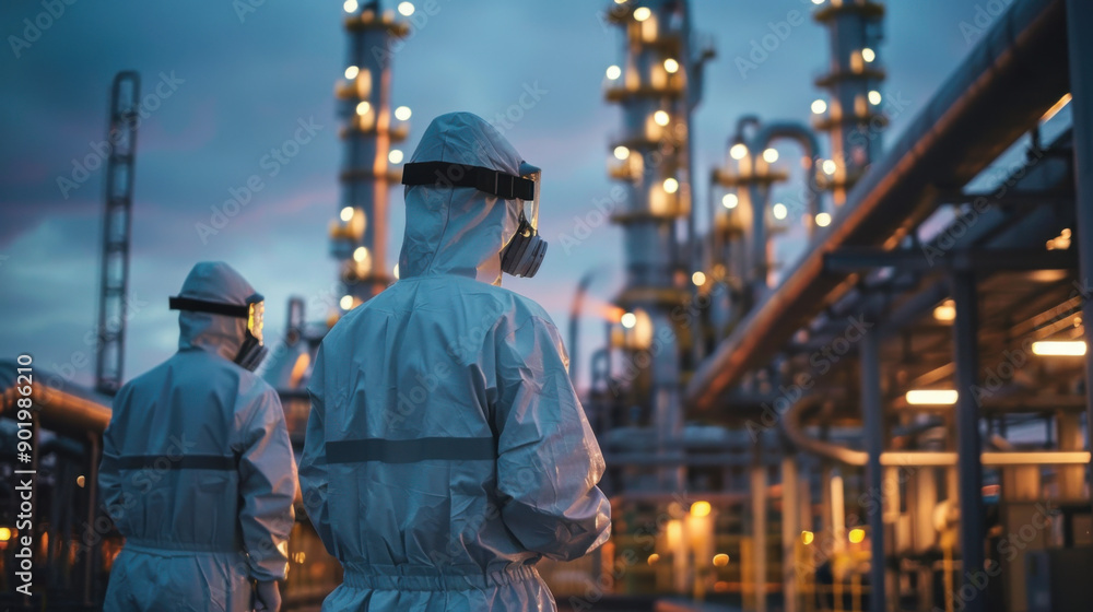 Two industrial workers in protective suits and masks oversee a brightly lit chemical plant at dusk. Two industrial workers in protective suits and masks oversee a brightly lit chemical plant at dusk.