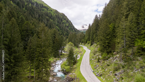 Scenic Mountain Road Nestled Amongst Lush Green Trees and Sparkling Stream