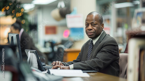 A businessman in a suit works at his desk in an office, focusing on tasks with a computer and paperwork, portraying professionalism.