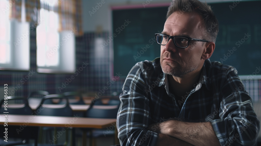 A weary, despondent male teacher in the classroom. Midlife crisis. A weary, despondent male teacher in the classroom. Midlife crisis.