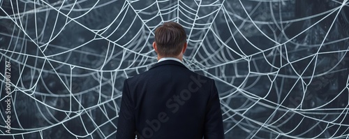 Man caught in a spider web of financial scams, depicting deceitful financial traps