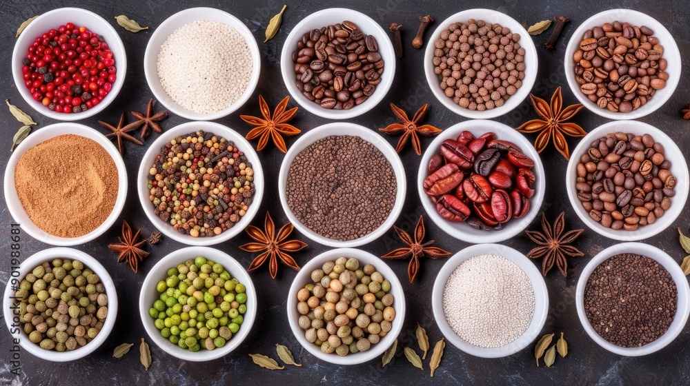 A vibrant assortment of spices and coffee beans is displayed in round bowls, showcasing rich colors and textures, perfect for culinary enthusiasts and chefs A vibrant assortment of spices and coffee beans is displayed in round bowls, showcasing rich colors and textures, perfect for culinary enthusiasts and chefs